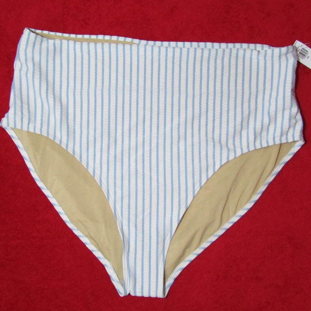 Old Navy Swim Bottoms - White Blue Stripe Seersucker High Waist